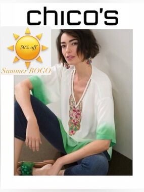 ☀️Chico’s Embellished Kurta Tropic Emerald Ombré Tunic Top - XL - Chico’s size 3